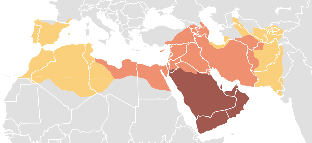 Арабският халифат ок. 750 г. Map of expansion of Caliphate.svg
